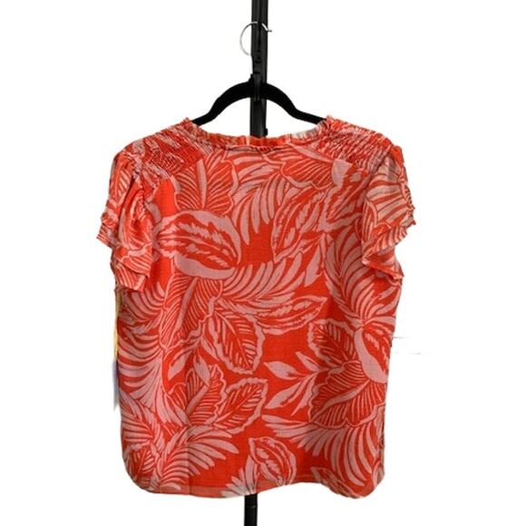 CeCe-Short Sleeve-Smocked Floral Blouse-V Neck Lined-Polyester-Orange-Women-M - Picture 2 of 6
